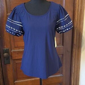 Navy Puff Sleeve Scoop Neck Blouse with White Trim